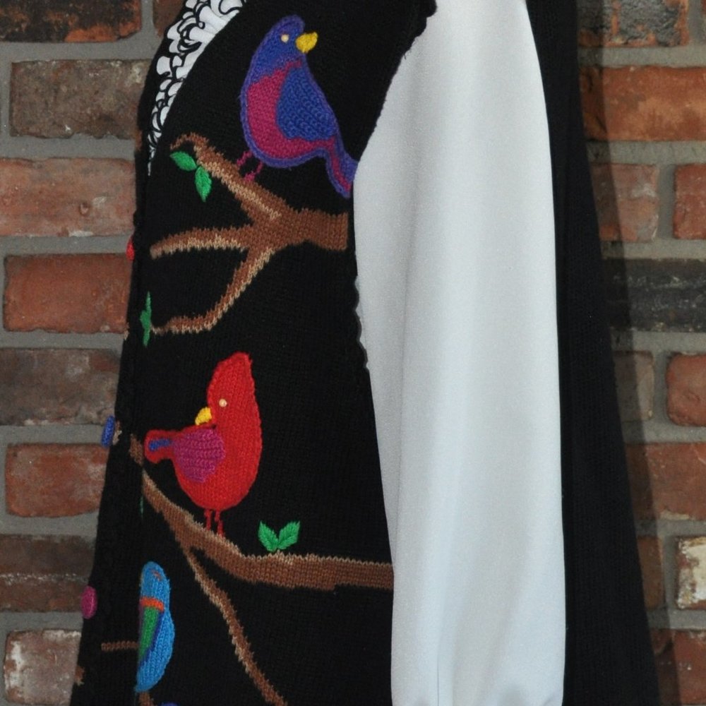 Vtg PBJ Sport BIRDS MultiColor Knit Button-Up Oversize Sweater Sleeveless Vest L - Picture 8 of 9